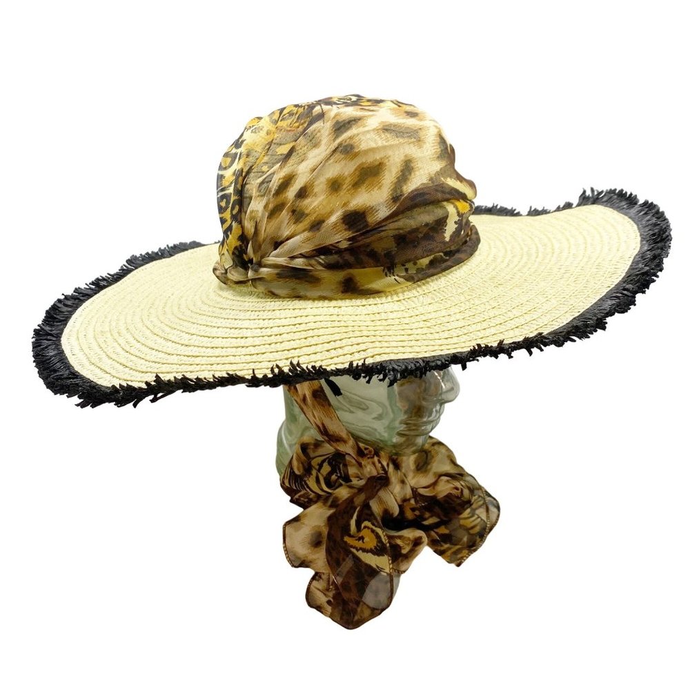 Leopard Animal Print Raw Edge Wide Brim Sun Hat OS